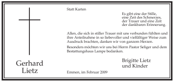 Traueranzeige von Gerhard Lietz von ALLGEMEINE ZEITUNG UELZEN