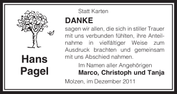 Traueranzeige von Hans Pagel von ALLGEMEINE ZEITUNG UELZEN