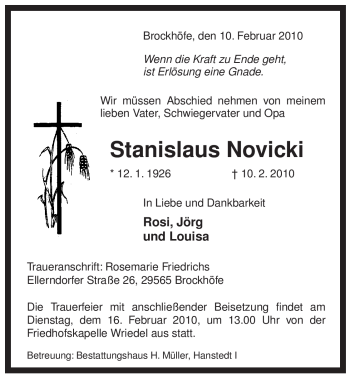 Traueranzeige von Stanislaus Novicki von ALLGEMEINE ZEITUNG UELZEN