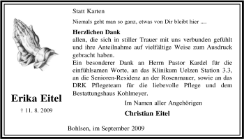 Traueranzeige von Erika Eitel von ALLGEMEINE ZEITUNG UELZEN