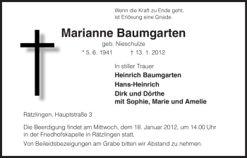 Traueranzeige von Marianne Baumgarten von ALLGEMEINE ZEITUNG UELZEN