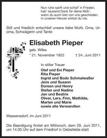 Traueranzeige von Elisabeth Pieper von ALLGEMEINE ZEITUNG UELZEN