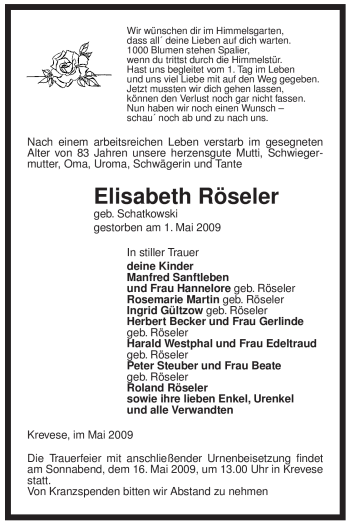 Traueranzeige von Elisabeth Röseler von ALLGEMEINE ZEITUNG UELZEN