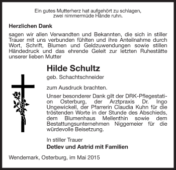 Traueranzeige von Hilde Schultz von Uelzen