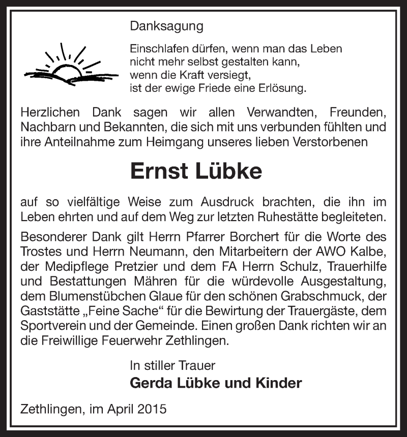  Traueranzeige für Ernst Lübke vom 02.05.2015 aus Uelzen