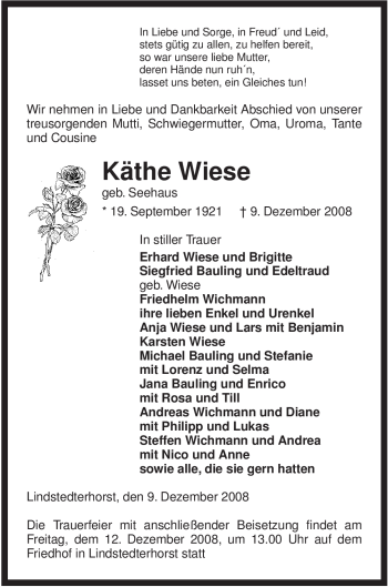 Traueranzeige von Käthe Wiese von ALLGEMEINE ZEITUNG UELZEN