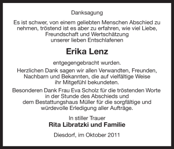 Traueranzeige von Erika Lenz von ALLGEMEINE ZEITUNG UELZEN