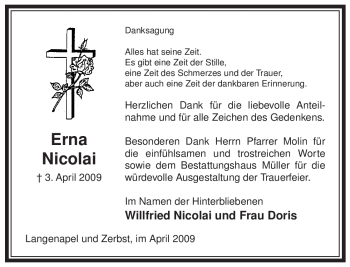 Traueranzeige von Erna Nicolai von ALLGEMEINE ZEITUNG UELZEN