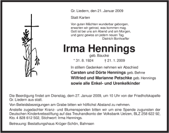 Traueranzeige von Irma Hennings von ALLGEMEINE ZEITUNG UELZEN