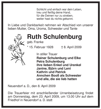 Traueranzeige von Ruth Schulenburg von ALLGEMEINE ZEITUNG UELZEN