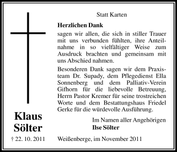 Traueranzeige von Klaus Sölter von ALLGEMEINE ZEITUNG UELZEN