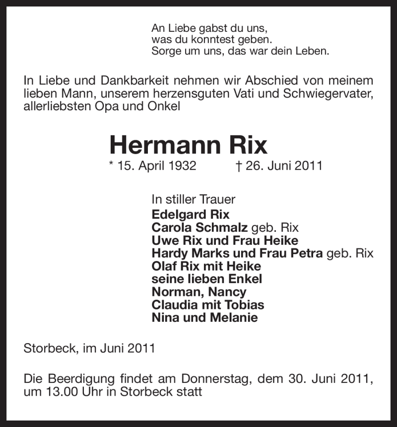  Traueranzeige für Hermann Rix vom 28.06.2011 aus ALLGEMEINE ZEITUNG UELZEN