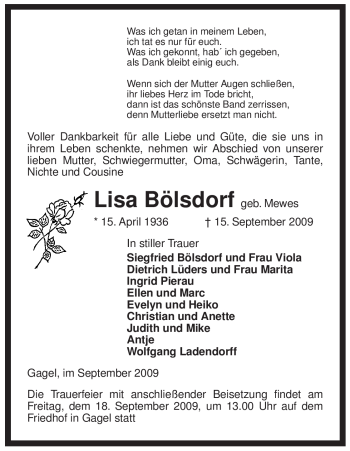 Traueranzeige von Lisa Bölsdorf von ALLGEMEINE ZEITUNG UELZEN