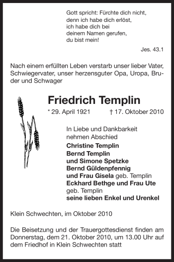 Traueranzeige von Friedrich Templin von ALLGEMEINE ZEITUNG UELZEN