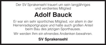 Traueranzeige von Adolf Bauck von ALLGEMEINE ZEITUNG UELZEN