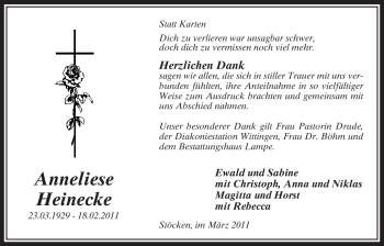 Traueranzeige von Anneliese Heinecke von ALLGEMEINE ZEITUNG UELZEN