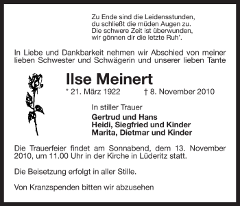 Traueranzeige von Ilse Meinert von ALLGEMEINE ZEITUNG UELZEN