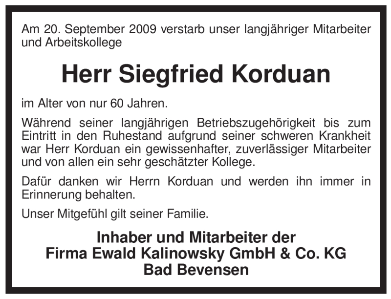  Traueranzeige für Siegfried Korduan vom 23.09.2009 aus ALLGEMEINE ZEITUNG UELZEN