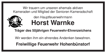 Traueranzeige von Horst Warnke von ALLGEMEINE ZEITUNG UELZEN