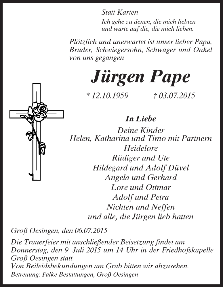  Traueranzeige für Jürgen Pape vom 07.07.2015 aus Uelzen