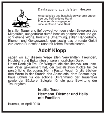 Traueranzeige von Adolf Klopp von ALLGEMEINE ZEITUNG UELZEN