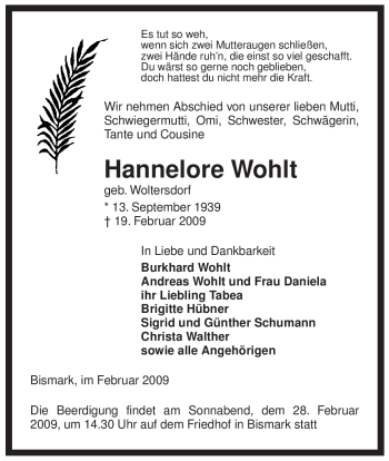 Traueranzeige von Hannelore Wohlt von ALLGEMEINE ZEITUNG UELZEN