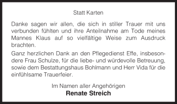Traueranzeige von Klaus Streich von ALLGEMEINE ZEITUNG UELZEN