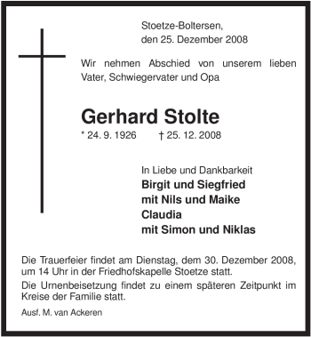 Traueranzeige von Gerhard Stolte von ALLGEMEINE ZEITUNG UELZEN