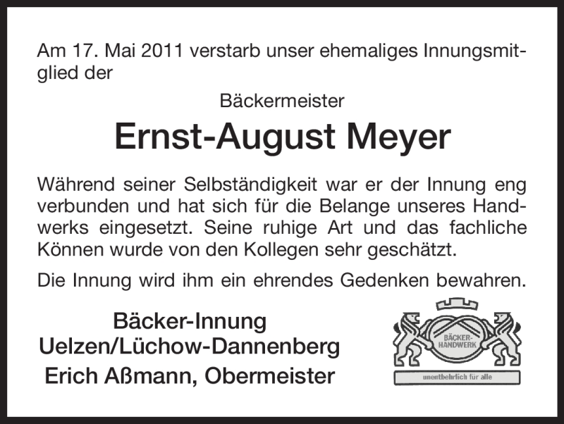  Traueranzeige für Ernst-August Meyer vom 19.05.2011 aus ALLGEMEINE ZEITUNG UELZEN