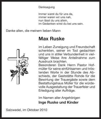 Traueranzeige von Max Ruske von ALLGEMEINE ZEITUNG UELZEN