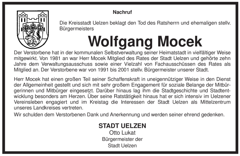  Traueranzeige für Wolfgang Mocek vom 28.04.2010 aus ALLGEMEINE ZEITUNG UELZEN