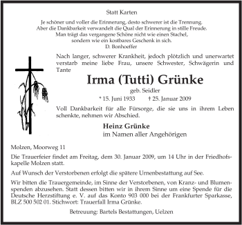 Traueranzeige von Irma Grünke von ALLGEMEINE ZEITUNG UELZEN