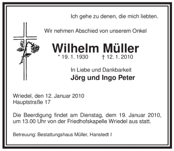Traueranzeige von Wilhelm Müller von ALLGEMEINE ZEITUNG UELZEN