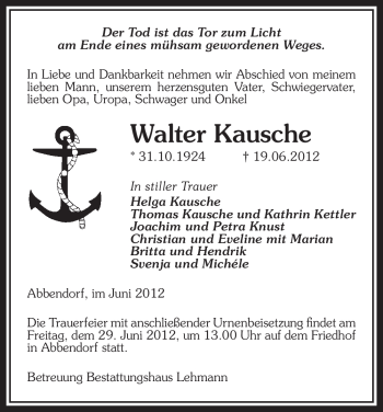 Traueranzeige von Walter Kausche von ALLGEMEINE ZEITUNG UELZEN