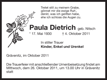 Traueranzeige von Paula Dietrich von ALLGEMEINE ZEITUNG UELZEN