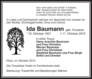 Traueranzeige von Ida Baumann von ALLGEMEINE ZEITUNG UELZEN