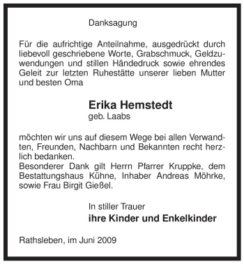 Traueranzeige von Erika Hemstedt von ALLGEMEINE ZEITUNG UELZEN