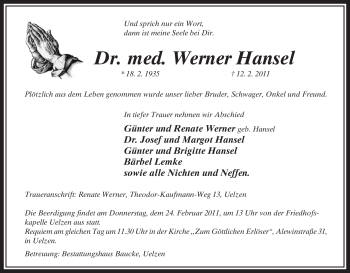 Traueranzeige von Werner Hansel von ALLGEMEINE ZEITUNG UELZEN