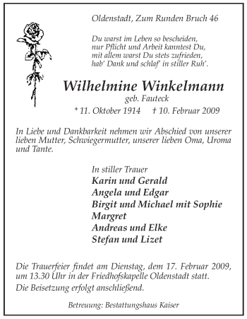 Traueranzeige von Wilhelmine Winkelmann von ALLGEMEINE ZEITUNG UELZEN