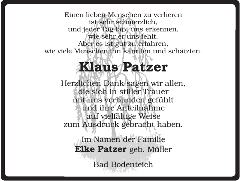  Traueranzeige für Klaus Patzer vom 10.01.2009 aus ALLGEMEINE ZEITUNG UELZEN