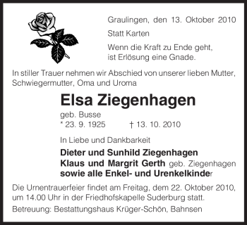 Traueranzeige von Elsa Ziegenhagen von ALLGEMEINE ZEITUNG UELZEN