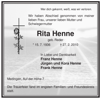 Traueranzeige von Rita Henne von ALLGEMEINE ZEITUNG UELZEN