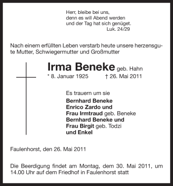 Traueranzeige von Irma Beneke von ALLGEMEINE ZEITUNG UELZEN