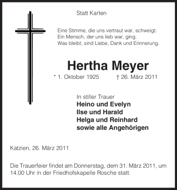 Traueranzeige von Hertha Meyer von ALLGEMEINE ZEITUNG UELZEN