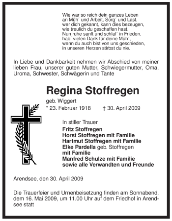 Traueranzeige von Regina Stoffregen von ALLGEMEINE ZEITUNG UELZEN