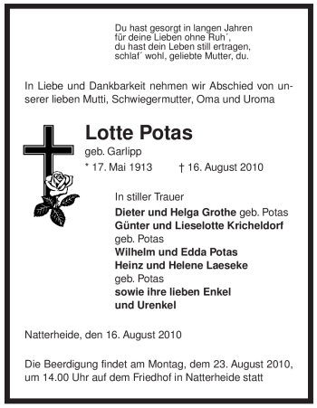 Traueranzeige von Lotte Potas von ALLGEMEINE ZEITUNG UELZEN