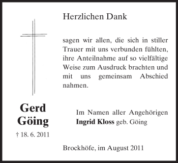 Traueranzeige von Gerd Göing von ALLGEMEINE ZEITUNG UELZEN