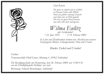 Traueranzeige von Wilma Eulitz von ALLGEMEINE ZEITUNG UELZEN