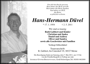 Traueranzeige von Hans-Hermann Düvel von ALLGEMEINE ZEITUNG UELZEN