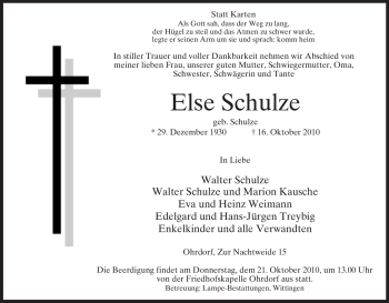 Traueranzeige von Else Schulze von ALLGEMEINE ZEITUNG UELZEN